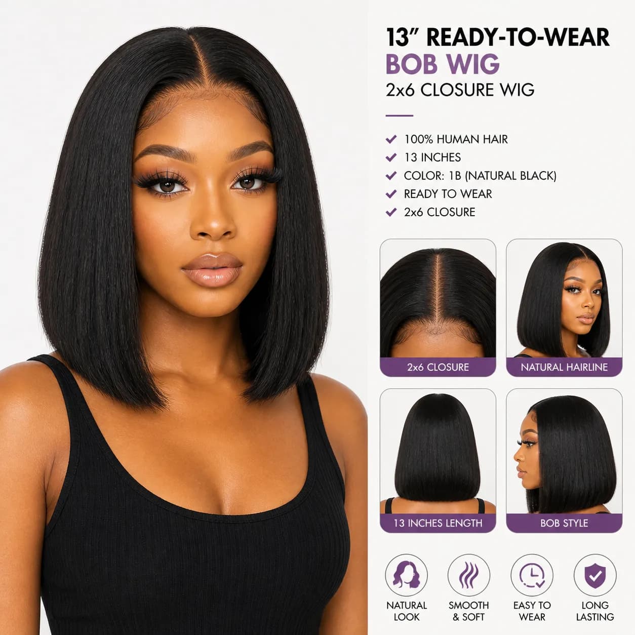13 inches Long bob on 2X6 closure,